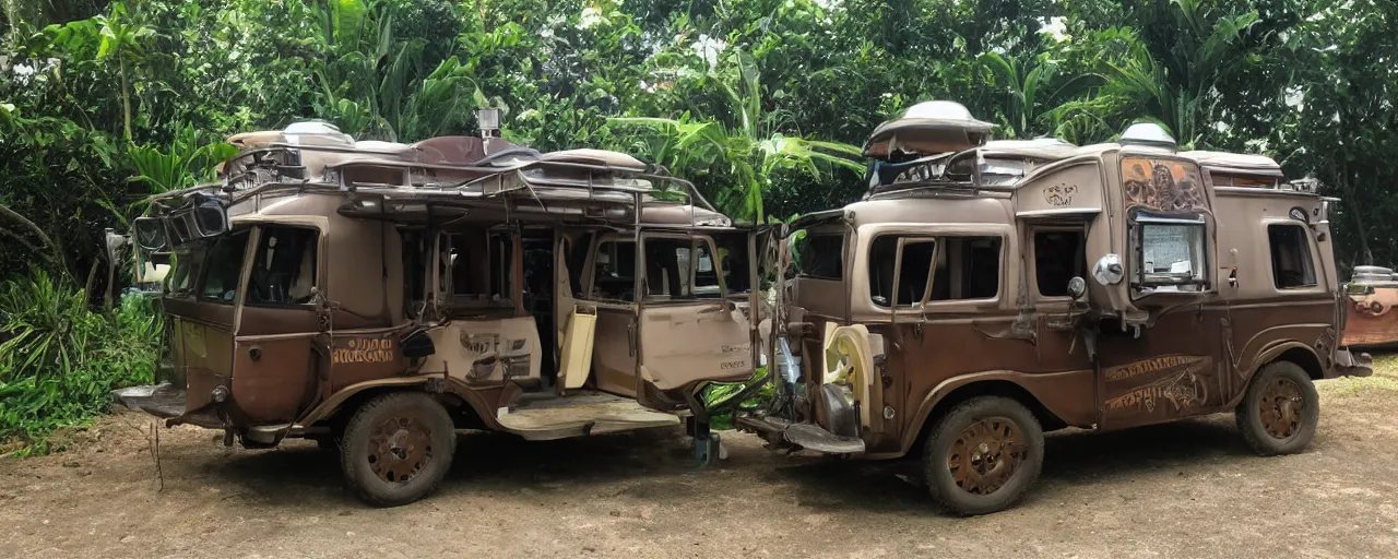 Prompt: steampunk autocamper in tobago