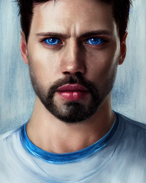 Image similar to portrait of a man in his mid - twenties with dull blue eyes, short dark blond hair, short goatee, ultra realistic, epic, highly detailed, hd, sharp focus, cinematic lighting, realistic, dreamy, vivid colors, dreary, morose, matt painting, digital art, non blurry, sharp, artstation, concept art, smooth, illustration