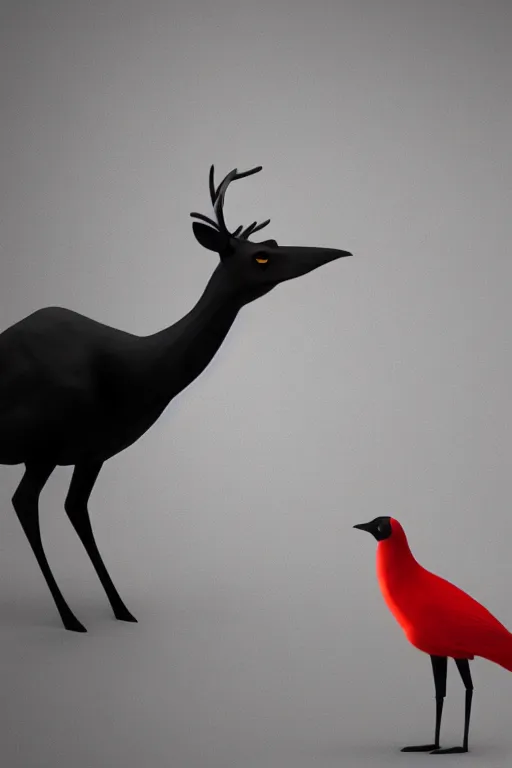 Image similar to a deer wearing a white formal coat conversing with a crow wearing a red formal coat, hyperrealistic, concept art, octane render, unreal engine 5, trending on DeviantArt, highly detailed, high quality, 8K, soft lighting, cute, natural lighting, realistic face, trending on Artstation, elegant clothes, profile picture, path traced, house background