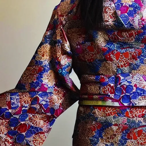 Prompt: photo of Japanese woman wearing kimono with batik pattern, she is cute and shy