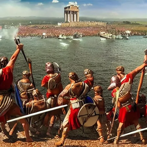 Prompt: gopro footage of the roman invasion of britain. 4 k, high quality, highly detailed