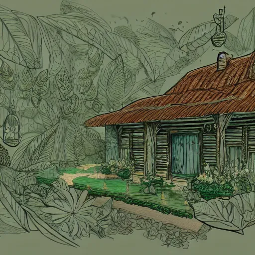 Image similar to annotated highly, detailed and intricate, sketch of a lodge full of green plants, marker concept art style rendering, concept art, half blueprint, trending on artstation, intricate details, center frame, annotations