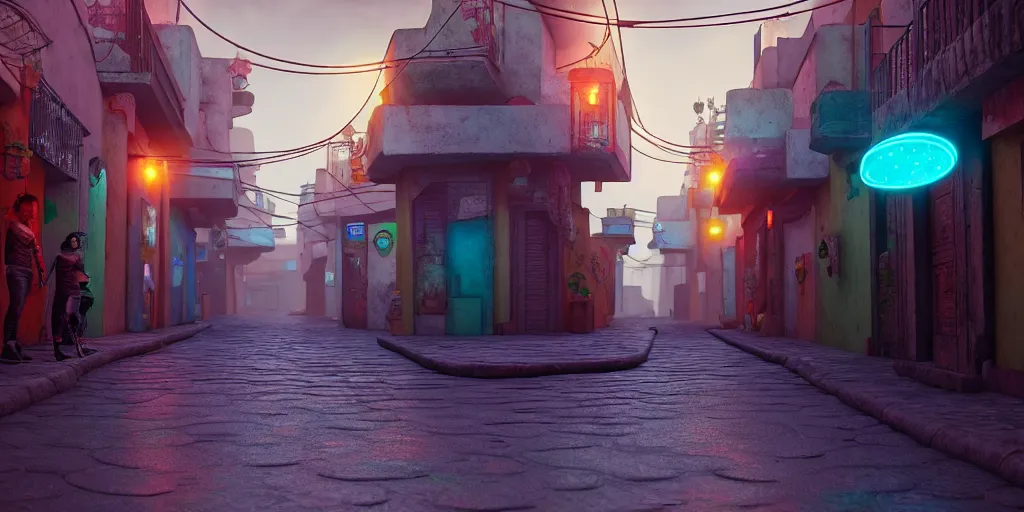 Prompt: a futuristic small mexican town cobbled street, blade runner 2 0 4 9 guanajuato alleys, futuristic colonial city architecture, mexican dia de muertos decorations, environmental lighting, stromy weather, ray tracing, amazing view, highly detailed, neon shops, octane render, unreal engine 5, 4 k