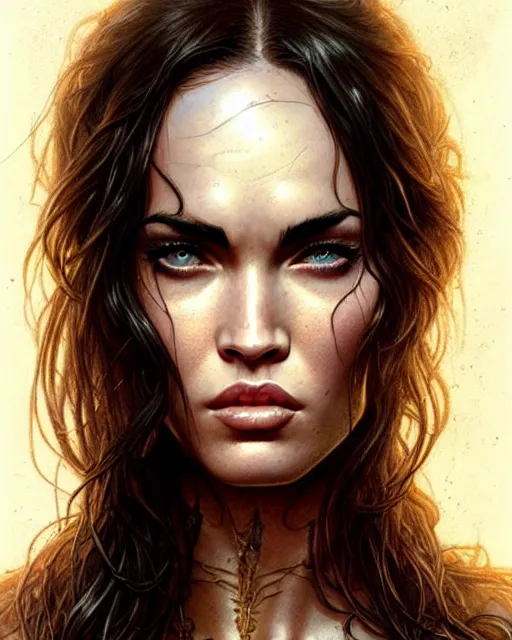 Image similar to megan fox, character portrait, portrait, close up, concept art, intricate details, highly detailed by greg rutkowski, michael whelan and gustave dore