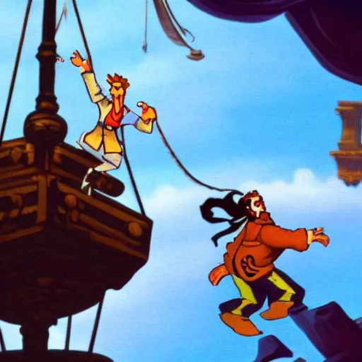 Image similar to guybrush threepwood fighting with lechuck in the top of the ship mast