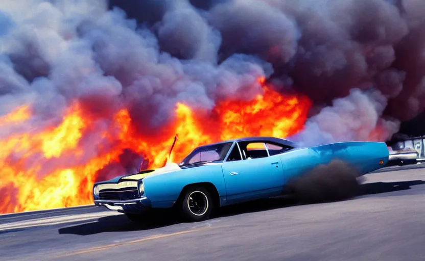 Image similar to a blue 1 9 7 0 plymouth road runner superbird driving high speed, fire explosion in the background, action scen. low camera realistic. high resolution. dramatic