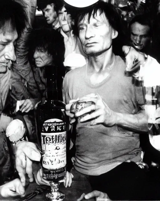 Prompt: sixty years old viktor tsoi drink vodka, bottle of vodka, bread, color photo, in the style of documentary journalism, close up photo, kodak gold