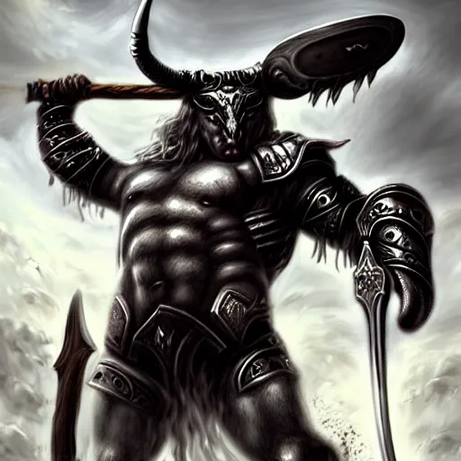 Image similar to epic bull headed minotaur beast in silver heavy armor wielding giant axe, artwork, vivid colors, concept art, greek mythology, detailed, modern design, dark fantasy, digital painting, artstation, d&d