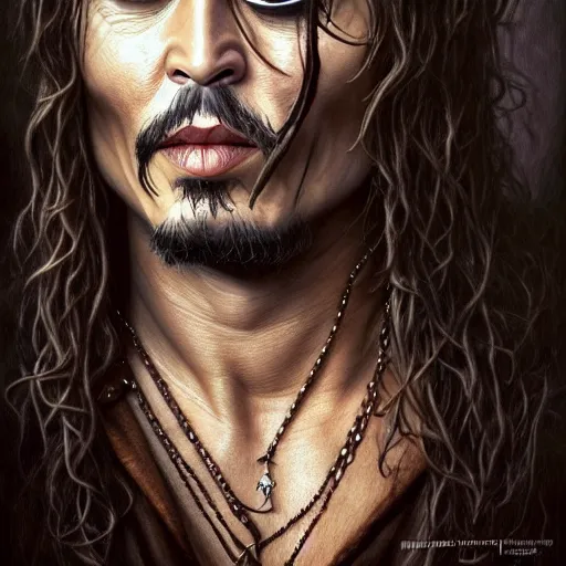 Prompt: wideangle!! portrait shot johnny depp dressed as aragorn, intricate, elegant, highly detailed, centered, digital painting, artstation, concept art, smooth, sharp focus, illustration, artgerm, tomasz alen kopera, peter mohrbacher, donato giancola, joseph christian leyendecker, wlop, boris vallejo