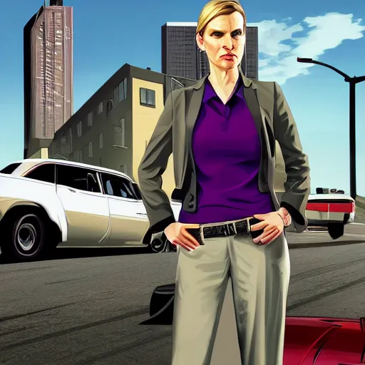 Image similar to Kim Wexler from Better Call Saul as a GTA character portrait, Grand Theft Auto, GTA cover art