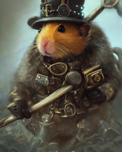Prompt: oil painting of anthropomorphized hamster holding Pick Axe, steampunk clothes, close shot, full body, dark steampunk mine shaft background, sharp focus, fantasy style, octane render, volumetric lighting, 8k high definition, by greg rutkowski, highly detailed, trending on art Station, dungeons and dragons artwork, centered