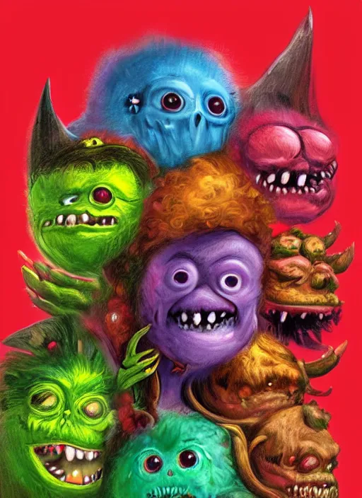 Prompt: cute monsters, colorful, digital art, fantasy, magic, trending on artstation, ultra detailed, professional illustration,chalk, poster artwork by Basil Gogos , clean