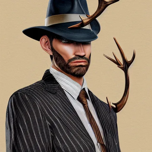 Prompt: a upper body portrait of a deer lord in a pinstriped suit and pants wearing a fedora with the antlers sticking out of the fedora by artgerm and wlop, intricate detail, digital art, photorealistic, trending on artstation