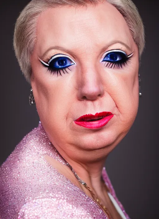 Image similar to studio portrait of lindsey graham in full drag dressed in drag dressed as a woman makeup, 8 k, studio lighting, key light, back light, sequents,