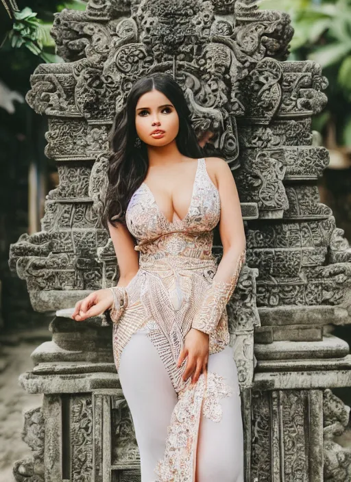 Image similar to portrait of demi rose wearing kebaya in bali temple, by charlotte grimm, natural light, detailed face, beautiful features, symmetrical, canon eos c 3 0 0, ƒ 1. 8, 3 5 mm, 8 k, medium - format print, half body shot