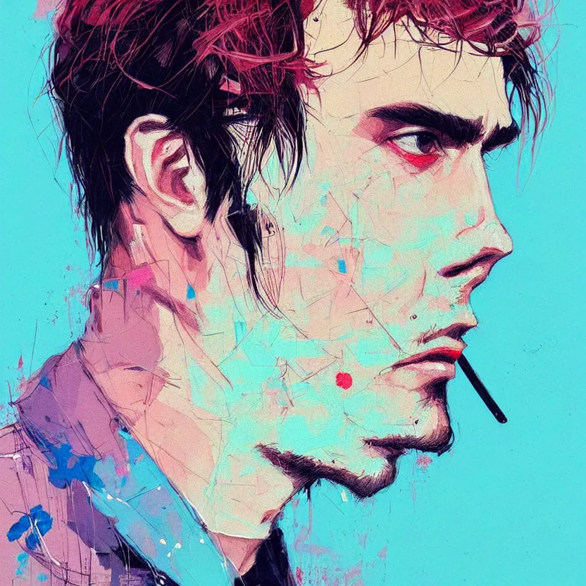 Image similar to close up portrait painting of a male musician in nineties street styling, concept art, intricate details, aesthetically pleasing pastel colors, art by conrad roset, impressionism, portrait