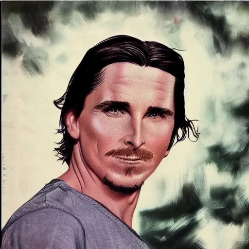 Image similar to “Christian Bale portrait, color vintage magazine illustration 1950”