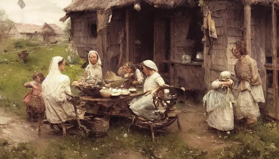 Image similar to simple villager family about to eat a meal together in their beautiful simple cottage home, art by anders zorn, wonderful masterpiece by greg rutkowski, beautiful cinematic light, american romanticism thomas lawrence, greg rutkowski