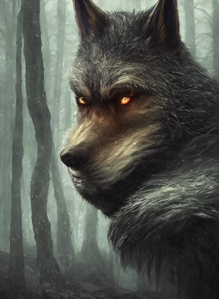 Prompt: a face portrait of a werewolf guarding the temperate forests from skyrim, fantasy setting, dark environment, serene colors, soft lighting, atmospheric, cinematic, moody, in the style of diego koi, gina heyer, luiz escanuela, art by alyssa monk, hyperrealism, rule of thirds, golden ratio, oil on canvas, 8 k