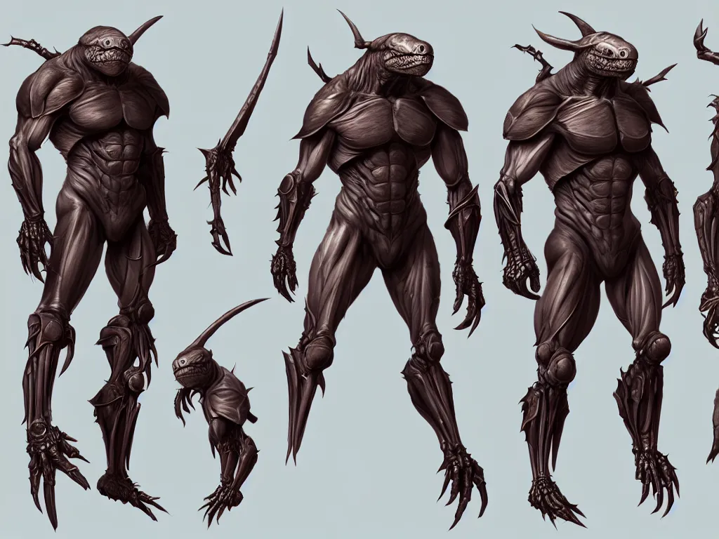 Prompt: game concept art sprite sheet, concept art, muscular, exoskeleton, bat head, turtle skin, hyperrealism, fine detail, artstation, cgsociety, zbrush, no background