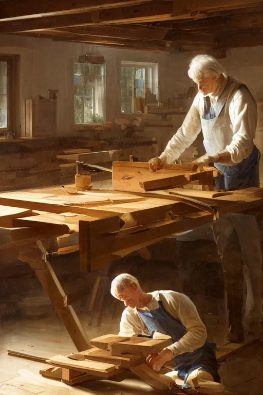 Image similar to simple craftsman fine woodworker building a wooden table in their well lit clean open workshop, thomas lawrence, greg rutkowski