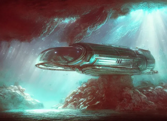 Prompt: metal submarine underwater in the lake of an alien planet, digital art, detailed, artgerm, artstation, deviant art, by kim keever