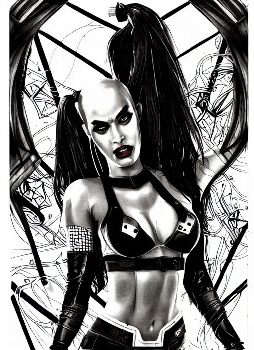Image similar to symmetry concpet art, full shot, traditional ink, sketch, of megan fox as harley quinn, line sketch, intricate, elegant, highly detailed, monochrome, digital painting, artstation, concept art, green, black, red ink sharp focus, illustration, art by borderlands 3 and peter polach