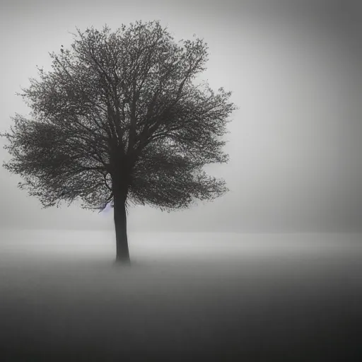 Prompt: lonely tree, lone tree, single tree, surreal, mindscape, dreamscape, magical tree, sad, lonely, mist, fog, smog, light dispersion