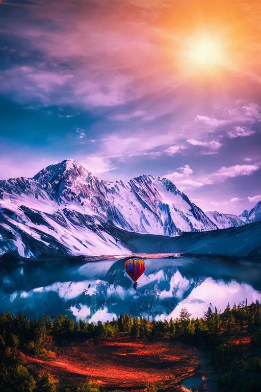 Prompt: breathtaking himalayan landscape, pastel sunset, lake, realistic reflections, pine trees, hot air balloon, last light on mountain top, dreamy colors, photorealistic, landscape photography, beautiful, 4 k, trending on artstation, serene, blissful, national geographic