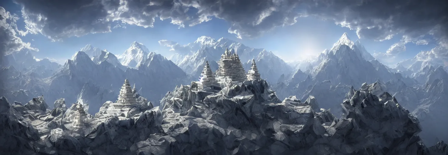 Image similar to intricate crystallographic citadel structure architecture on top of the himalayas over a cloudscapes, by albert bierstadt, by glen small, realism, photorealism, octane render, unreal engine, volumetric light, depth of field, volumetric clouds, god rays, lens flares, detailed, intricate, digital art, deviant art, mandelbulb 3 d