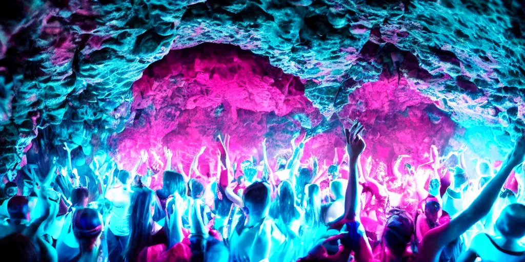 Image similar to cinematic shot of a goth disco nightclub in a cave, sphere of knives made of pink lasers and blue crystals, people dancing, 8k photo, award winning, masterpiece