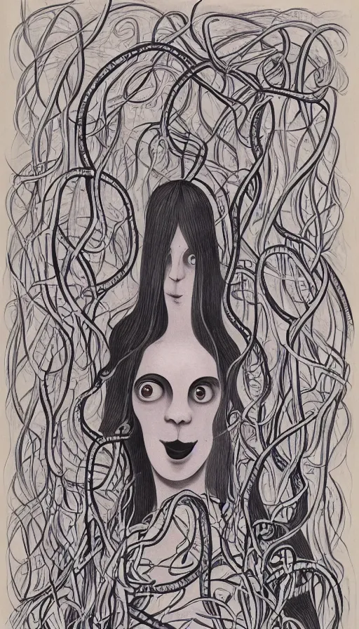 Image similar to very detailed portrait of a 2 0 years old girl surrounded by tentacles, the youg woman visage is blooming from fractal and vines, by charles addams