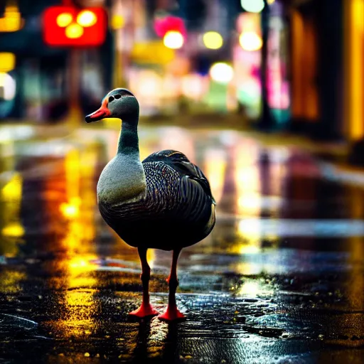 Prompt: a high quality low wide angle photo of a Greylag Goose on the streets of a cyberpunk city, rainy, reflective ground, neon lights, realism, 8k