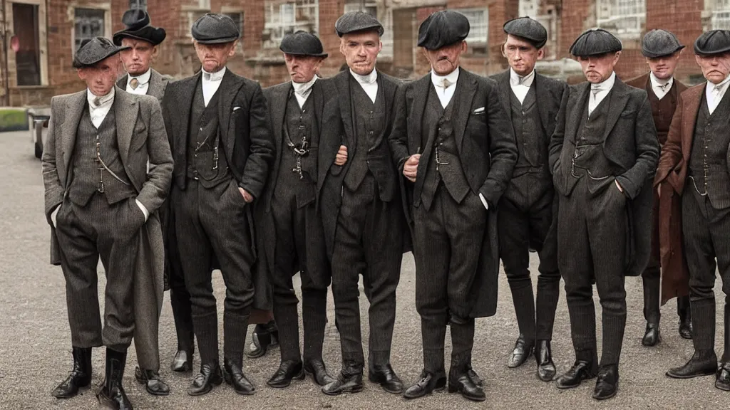 Image similar to a group of human shrimps dressed like the peaky blinders