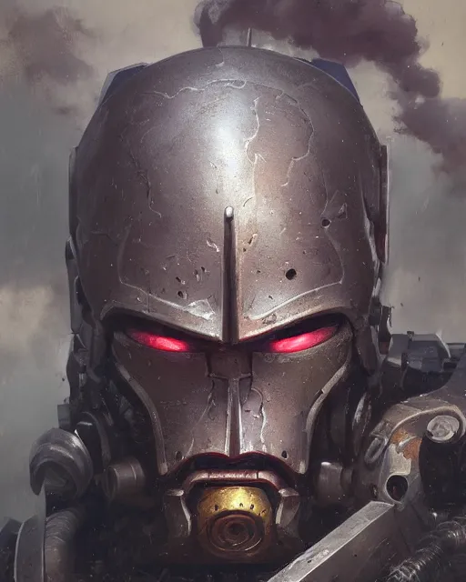 Image similar to hyper realistic portrait of heroic warhammer android head, cinematic, chaos marine, slaanesh, artstation, cgsociety, full head and shoulders, greg rutkowski, james gurney, mignola, craig mullins, brom