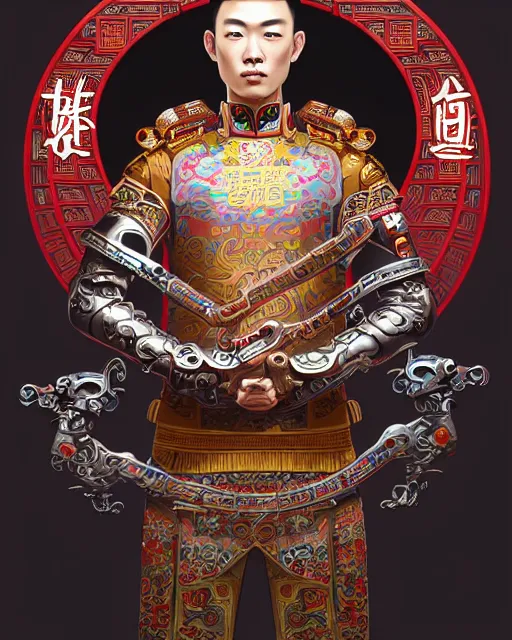 Image similar to portrait of a chinese masculine male cyberpunk machine, machine face, upper half portrait, decorated with chinese opera motifs, muscular, asian, fine china, wuxia, traditional chinese art intricate intense elegant 京 剧 highly detailed digital painting artstation concept art smooth sharp focus illustration, art by artgerm and greg rutkowski alphonse mucha 8 k