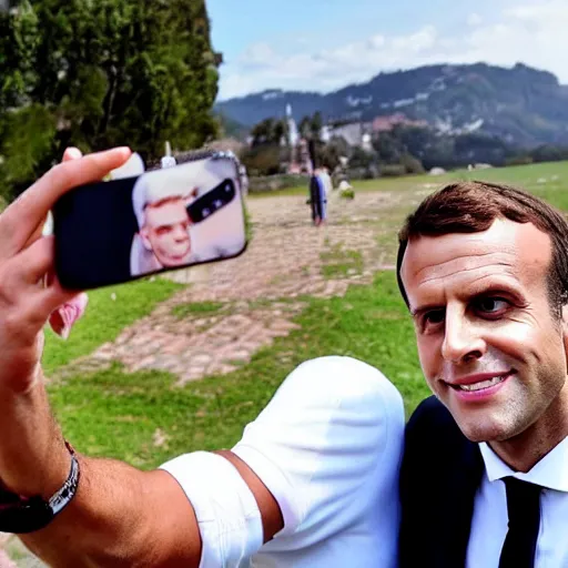 Image similar to a huge monster taking a selfie with macron