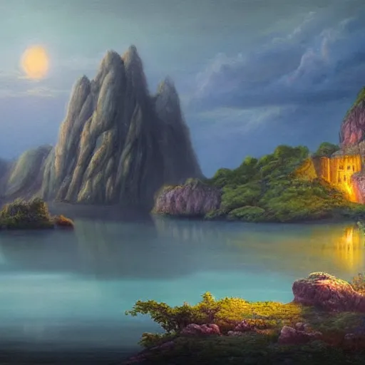 Prompt: an ultra detailed painting of a mysterious lagoon, far away behind it is a cliff with a dark castle on top of it with a few windows lit, twilight, highly detailed, fantasy