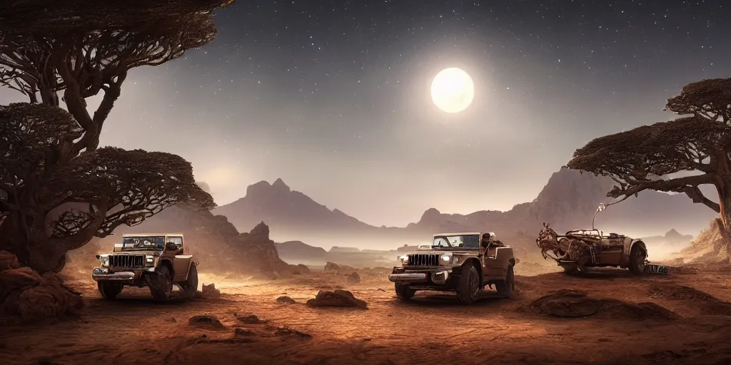 Image similar to mahindra thar riding through moonlit socotra island with dragon trees, starry night, chasing action scene, epic fantasy, sharp focus, trending on ArtStation, masterpiece, by Greg Rutkowski, by Ross Tran, by Fenghua Zhong, corona render, soft render, ultrarealistic, colorful, cinematic, shadow of the tomb rider