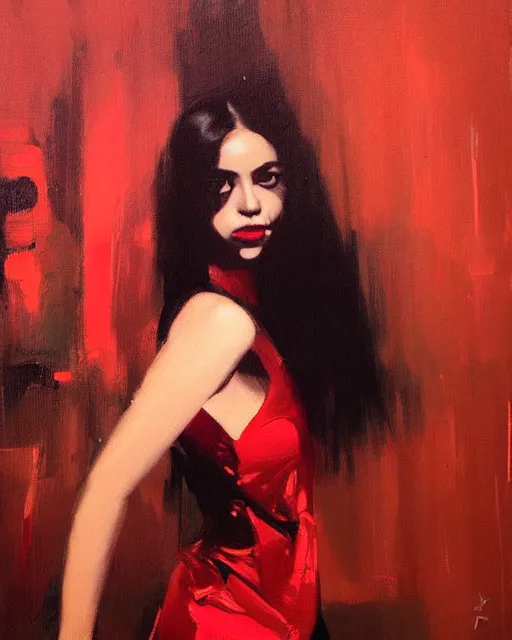 Image similar to beautiful portrait painting an gorgeous delhi girl wearing a little black dress at a nightclub, red lighting, oil painting, art by ruan jia