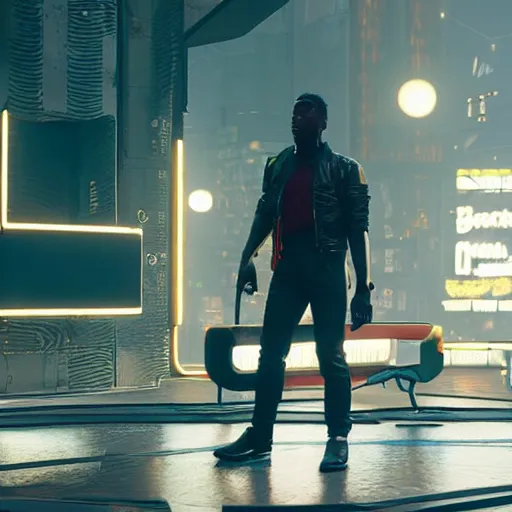 Image similar to still of david alaba in cyberpunk 2 0 7 7 lifting a white chair