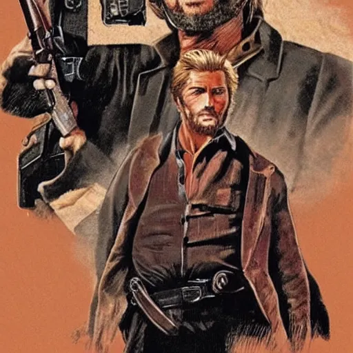 Image similar to a gunslinger in a western who looks like a cross between george clooney and kirk douglas. illustration.