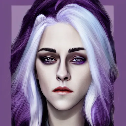 Image similar to Kristen Stewart as a Drow Elf wizard with white hair and purple skin. Photorealistic digital art.