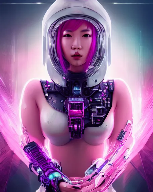 Image similar to portrait of a beautiful asian woman with pink hair as a cyberpunk cyborg half robot, sci - fi, missing panels, intricate abstract upper body intricate artwork, concept art, octane render, deviantart, cinematic, key art, hyperrealism, iridescent accents, portrait photograph, nikon 3 5 mm, photograph by greg rutkowski