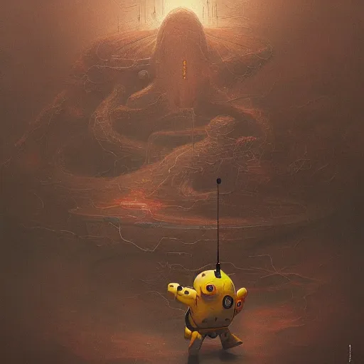 Image similar to A beautiful ultradetailed painting of a deadly half dismantled pikachu robot by Zdzislaw Beksinski and tom bagshaw, wallpaper 4k, trending on artstation