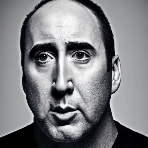 Image similar to portrait of bald nicolas cage neutral expression face straight on headshot even lighting no hair