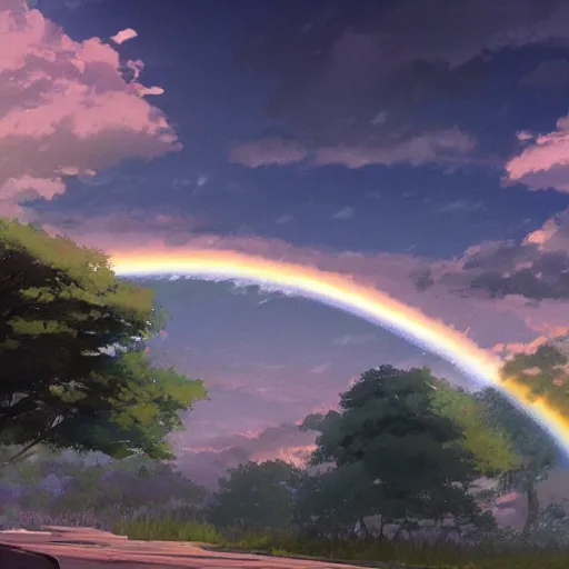 Image similar to rainbow wizard going to crossing a rainbow bridge, by Makoto Shinkai