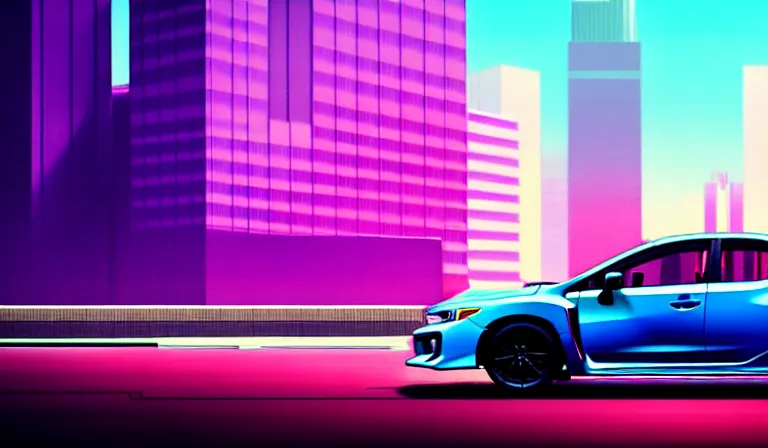 Image similar to a beautiful, sharp focus, clean lines. an urban cityscape with a grey 2 0 1 8 subaru wrx on the street. vaporwave ombre rendering. outrun style. trending on artstation. recommended for you behance. by chris moore. by edward hopper. ambient occlusion. digital matte painting. metropolis filmic. gotham city.
