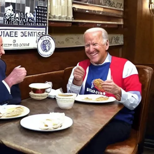 Image similar to photograph of trump and Biden sitting and eating breakfast at a Wafflehouse