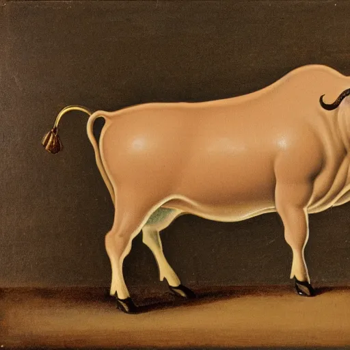 Prompt: a muscular bull with a pot belly